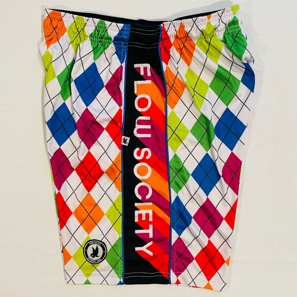 Flow Society Lacrosse Shorts Boys XL Neon Rainbow Argyle Diamonds Lax White - Picture 3 of 4